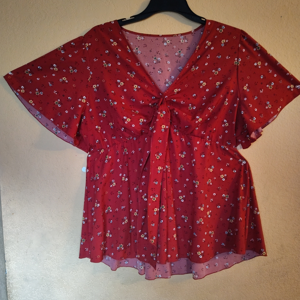 Red Flutter Sleeve Blouse with Sailor Collar and Tie Front